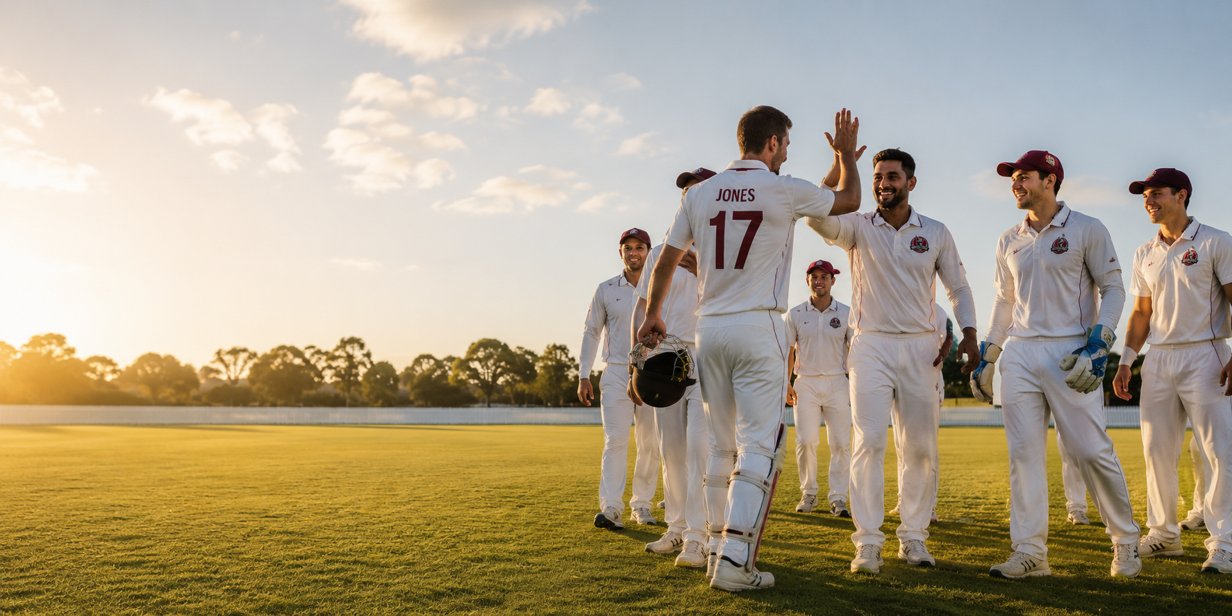 Western Sydney Club players greeting each other on the field in white club uniforms