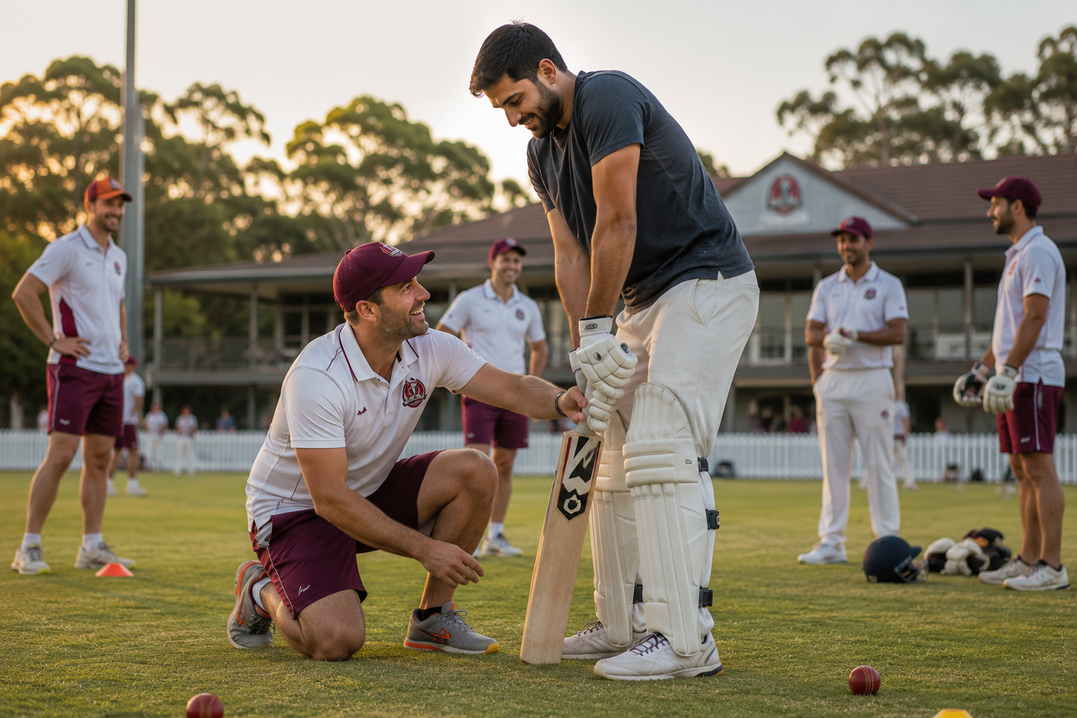 Coach helping a new Western Sydney Club player with batting gear